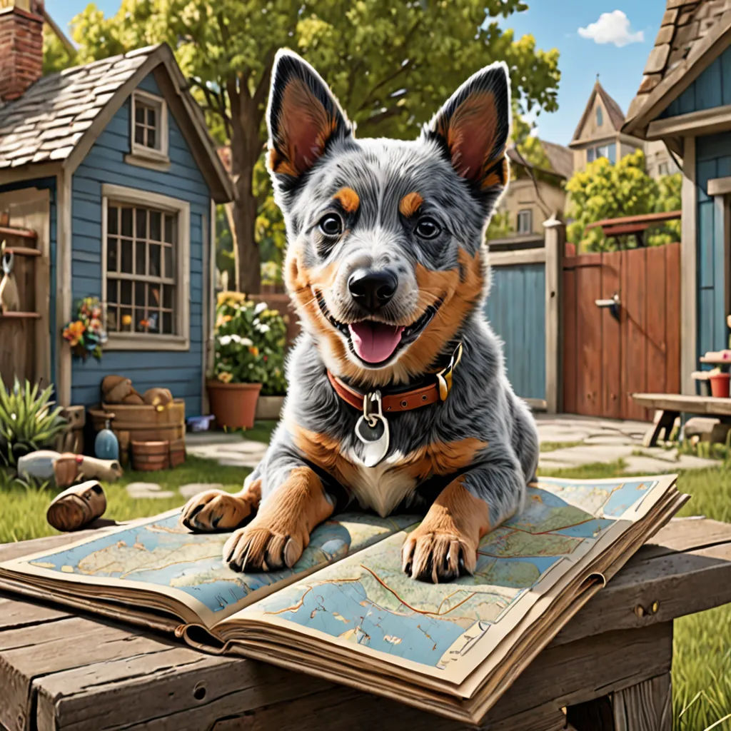 a dog is sitting on a book in the yard of a house with a dog on it's lap, american scene painting, a storybook illustration, Bob Byerley, ultra realistic digital art