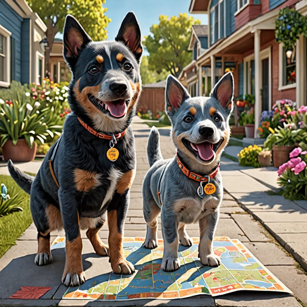 two dogs standing on a rug in the middle of a sidewalk with houses in the background and flowers in the foreground, photorealism, concept art, Chris LaBrooy, key art