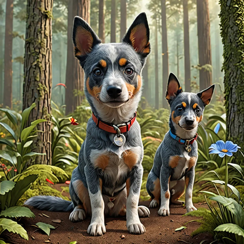 a painting of two dogs sitting in the woods with flowers and plants around them, one is blue and the other is brown, photorealism, poster art, Chris LaBrooy, key art