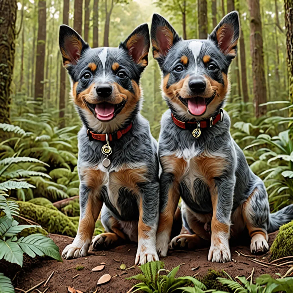 two dogs sitting on a log in the woods together with their mouths open and their mouths wide open, with ferns and leaves surrounding them, photorealism, a stock photo, Elke Vogelsang, animal photography