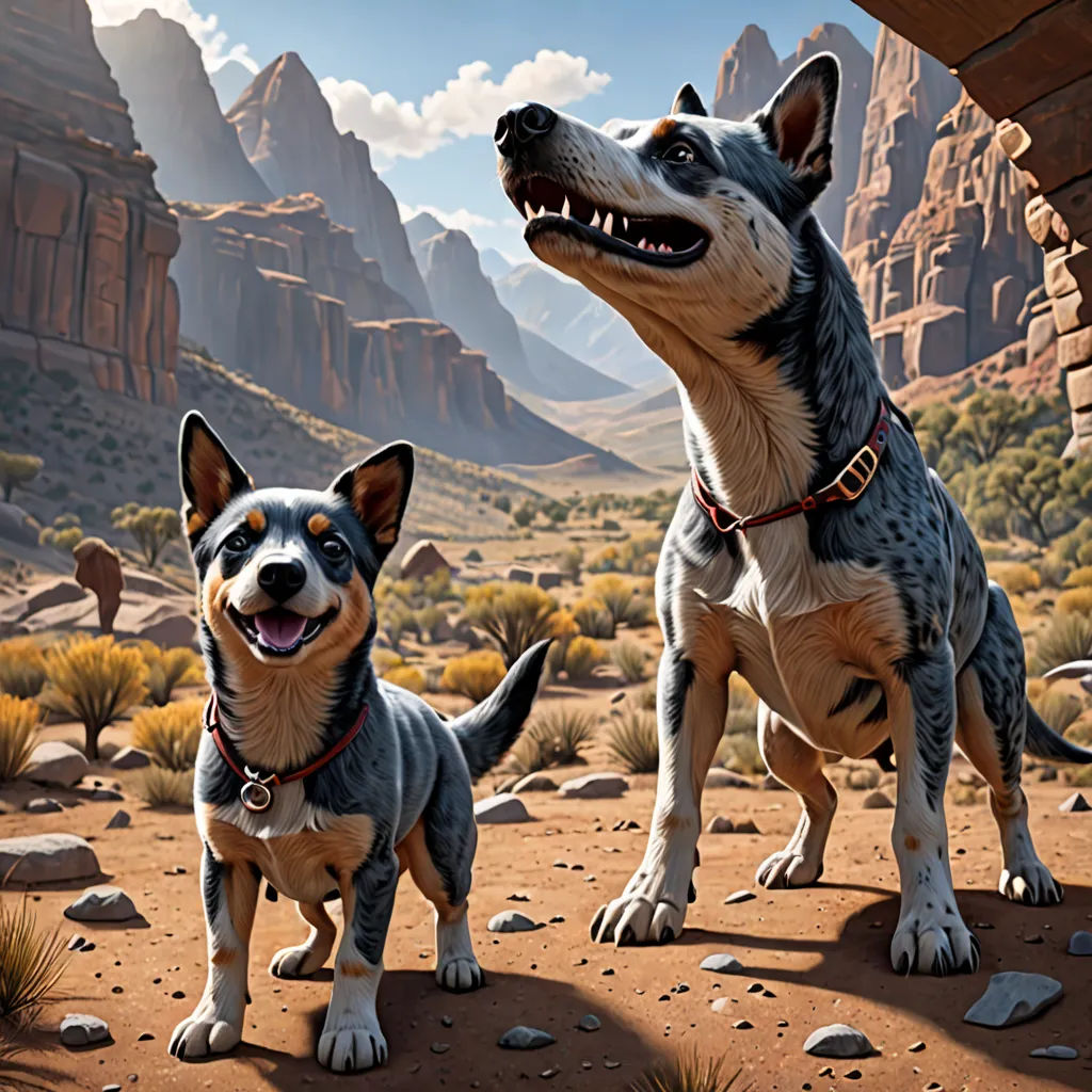 a painting of two dogs in a desert setting with mountains in the background and rocks in the foreground, american scene painting, concept art, Chris LaBrooy, pixar style