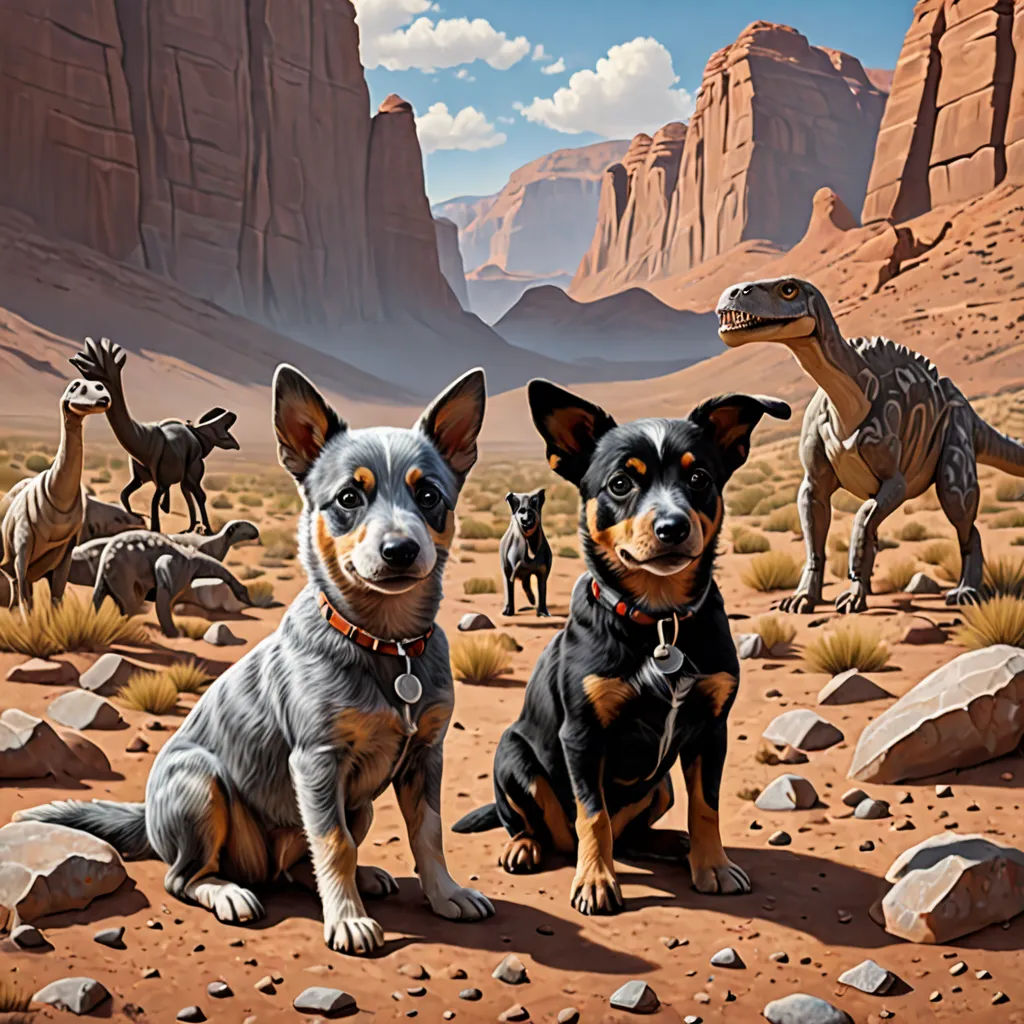 a painting of a group of dogs sitting in the desert with dinosaurs in the background and a mountain range in the background, photorealism, a detailed painting, Brothers Hildebrandt, highly detailed digital painting