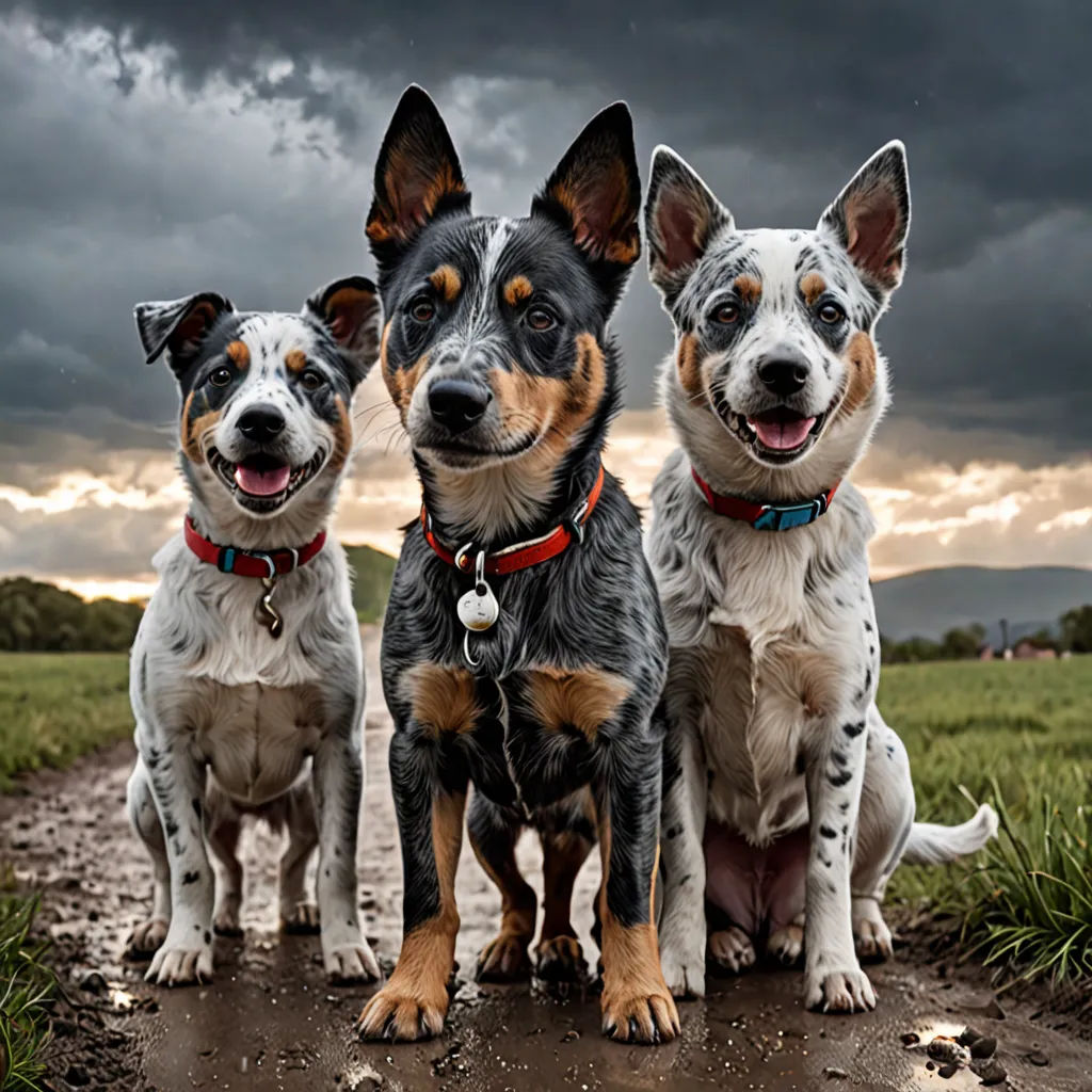 three dogs are sitting on a dirt road in a field with a cloudy sky in the background and a few grass in the foreground, art photography, an album cover, Elke Vogelsang, award - winning photography