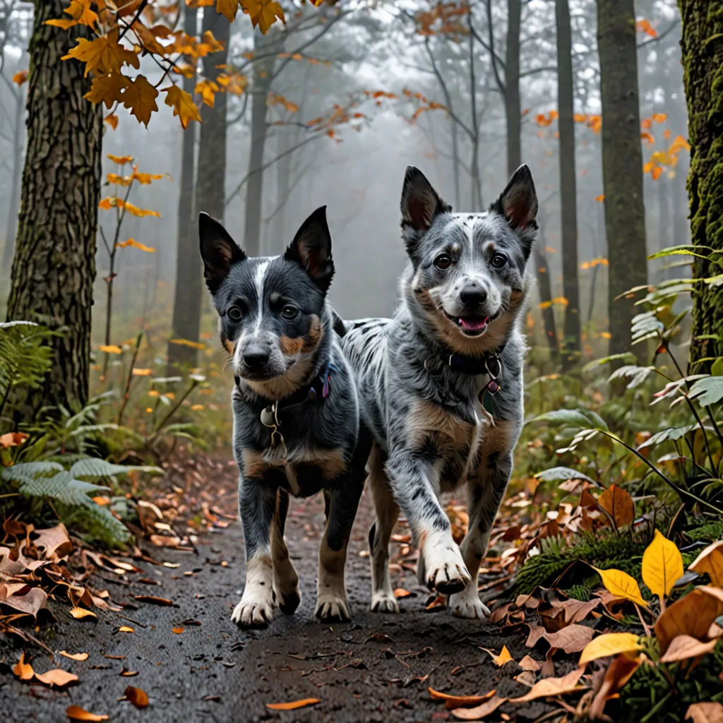 two dogs are standing on a path in the woods with leaves on the ground and trees in the background, art photography, a stock photo, Elke Vogelsang, animal photography