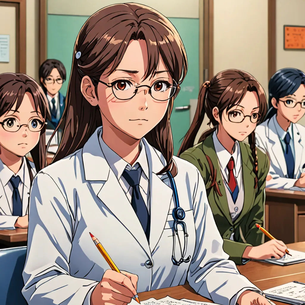 a group of girls sitting at a desk in a classroom with a male doctor in the background and a female student in the foreground, remodernism, concept art, Ai-Mitsu, official art