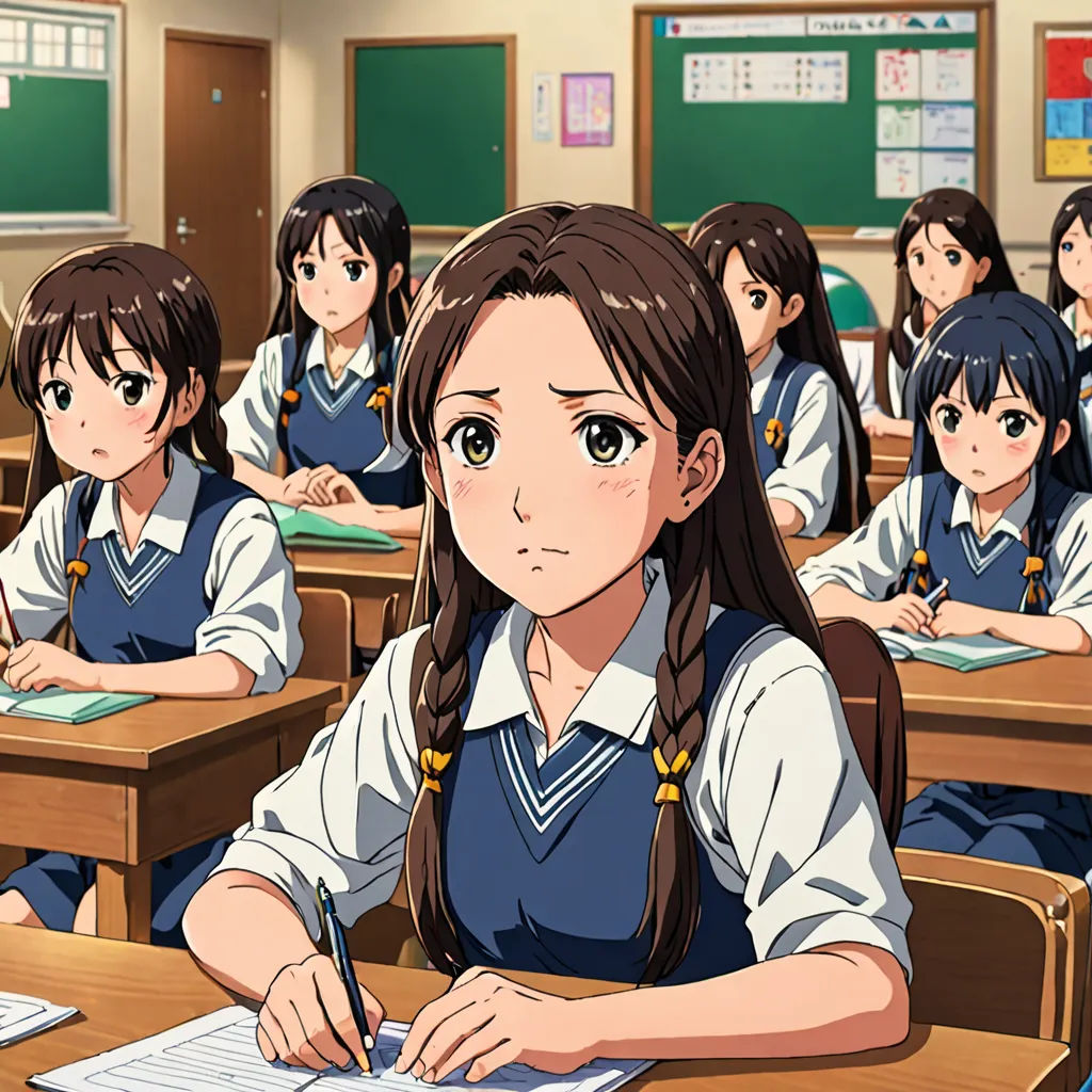 a group of girls sitting at desks in a classroom with a notebook and pen in front of them, remodernism, computer graphics, Ai-Mitsu, official art