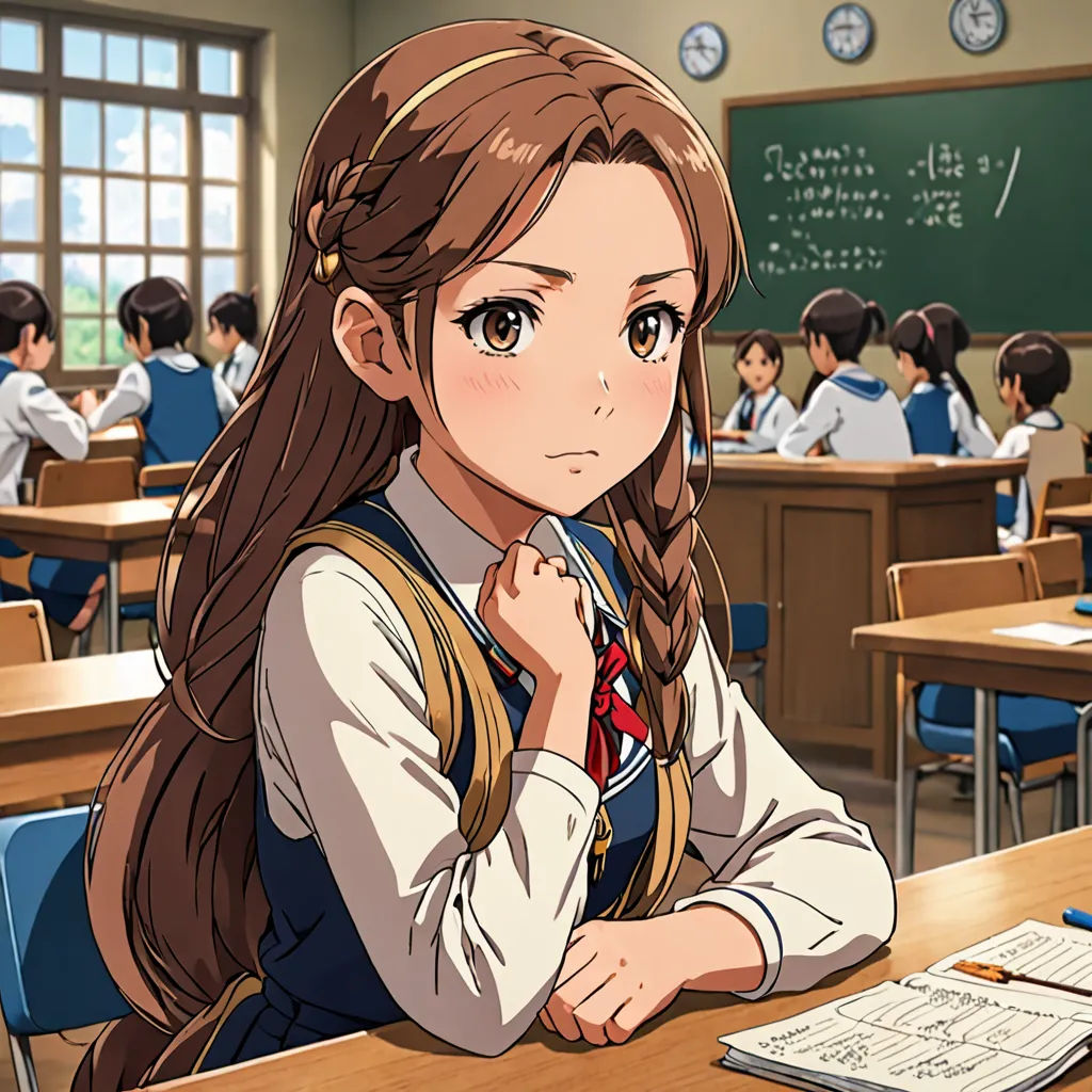a girl sitting at a desk in a classroom with a book and pen in her hand and a chalkboard in front of her, sots art, a character portrait, Chizuko Yoshida, official art