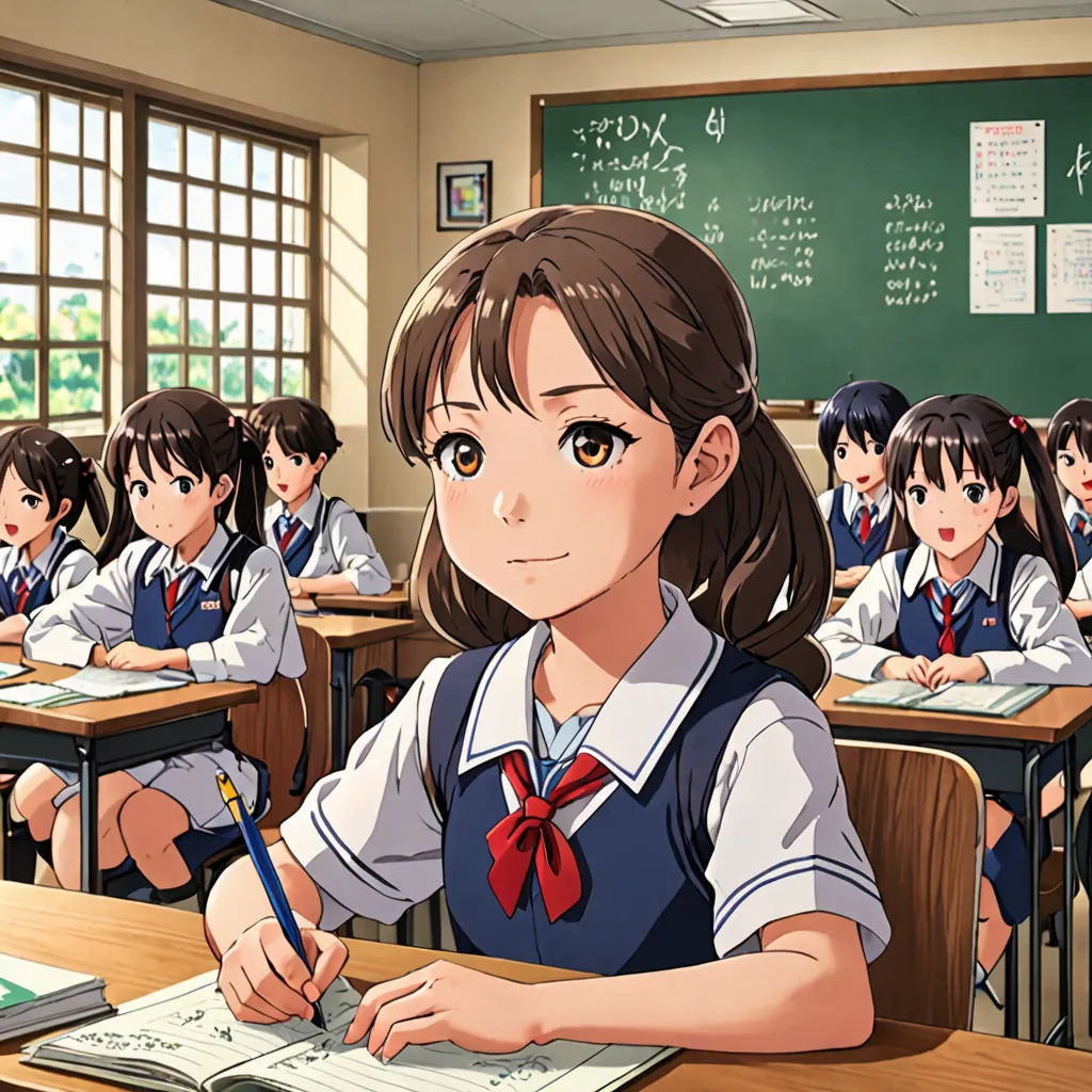 a girl sitting at a desk in a classroom with other students behind her and writing on a book in front of her, remodernism, computer graphics, Ai-Mitsu, official art