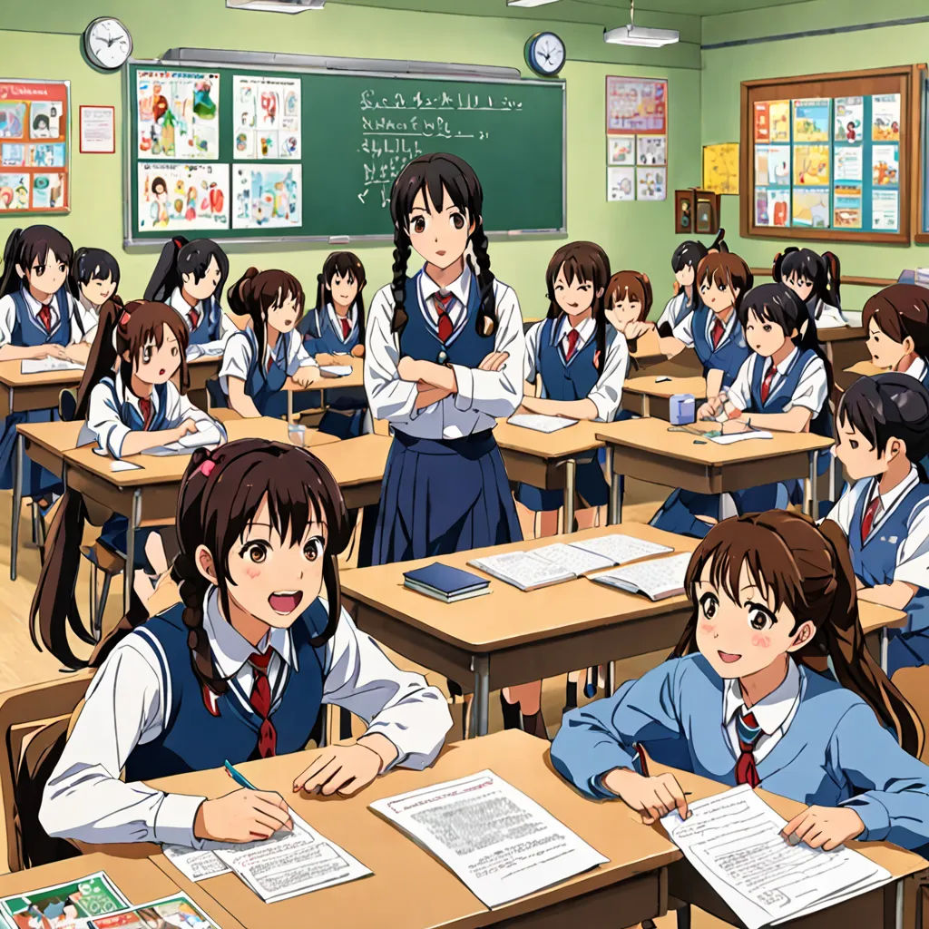 a classroom full of students sitting at desks with papers in front of them and a clock on the wall, remodernism, computer graphics, Ai-Mitsu, official art