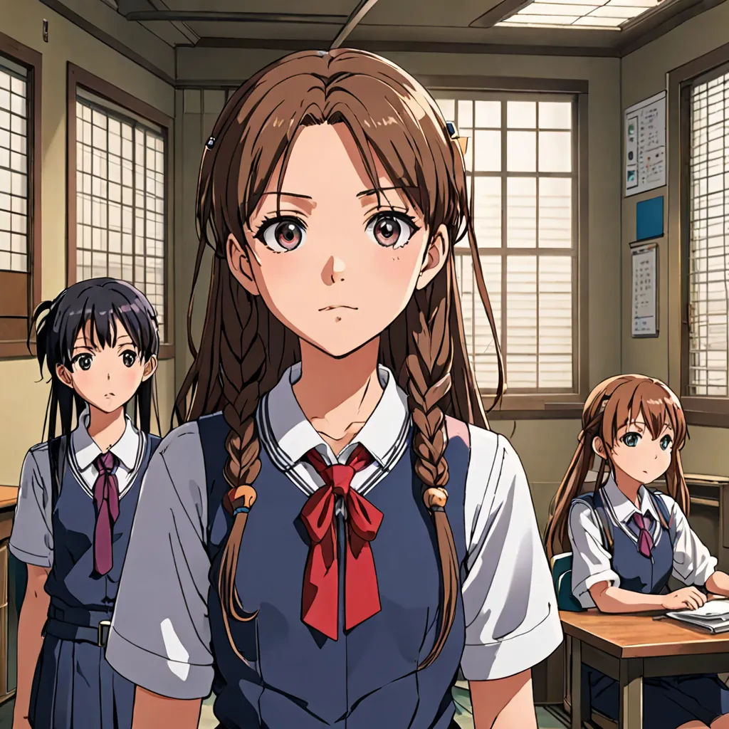 a group of girls sitting at desks in a classroom with one girl looking at the camera and the other girl looking at the camera, sots art, a character portrait, Ai-Mitsu, official art