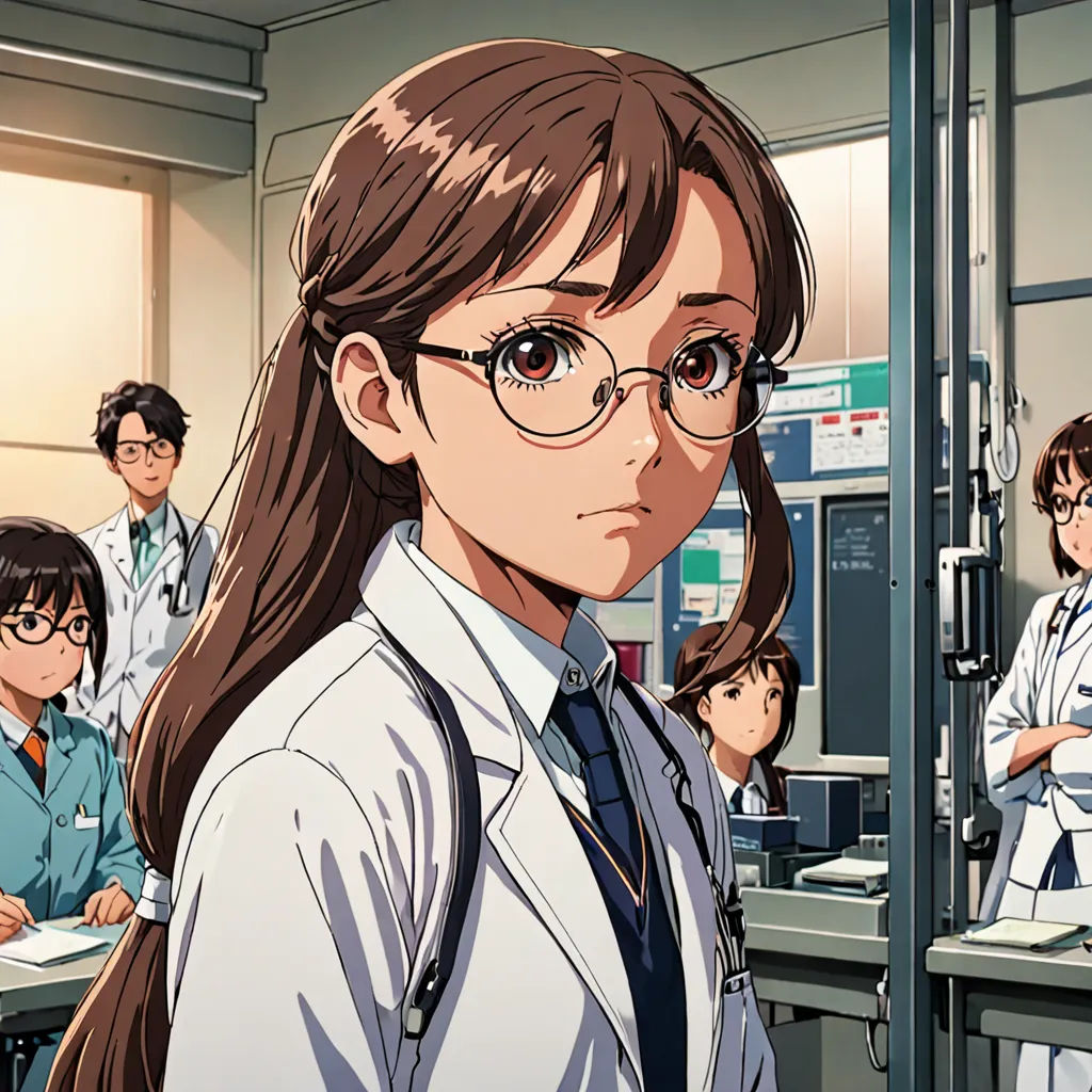 a group of people in a room with a woman in a lab coat and glasses on her head and a man in a lab coat and tie, rayonism, computer graphics, Eizan Kikukawa, official art