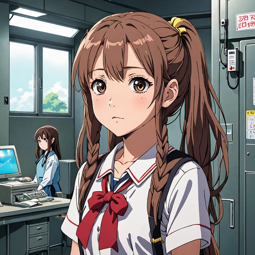 a girl with long hair standing in front of a computer desk with a monitor on it and another girl standing behind her, computer art, computer graphics, Chizuko Yoshida, official art