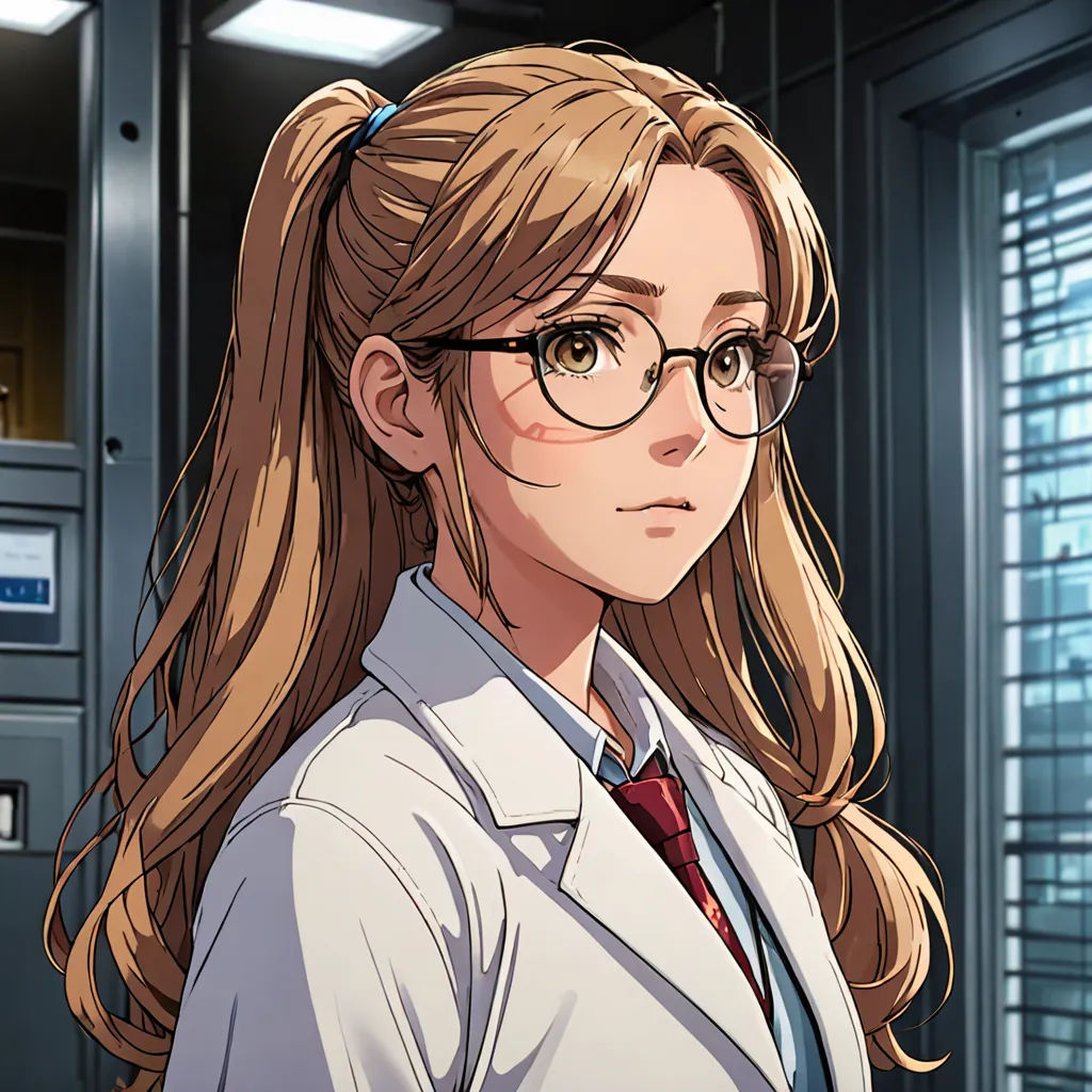 a woman in a lab coat and glasses standing in front of a machine room with a window and a sign, remodernism, a character portrait, Aguri Uchida, character portrait