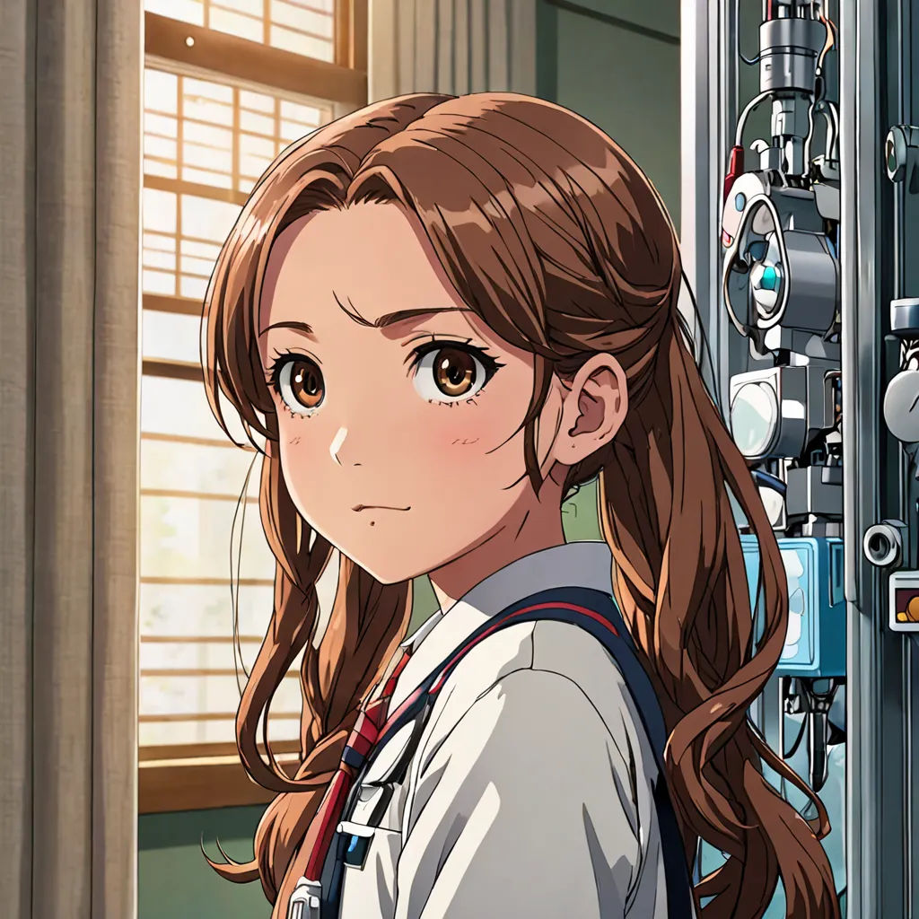 a girl with long hair standing in front of a window with a camera in her hand and a camera in her other hand, sots art, a character portrait, Aguri Uchida, official art