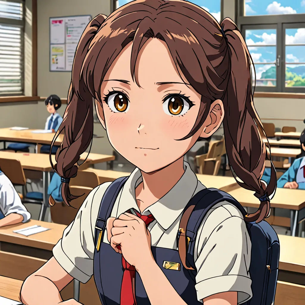 a girl in a classroom with a backpack and a tie on her shoulder and a man in the background, remodernism, a character portrait, Aguri Uchida, official art