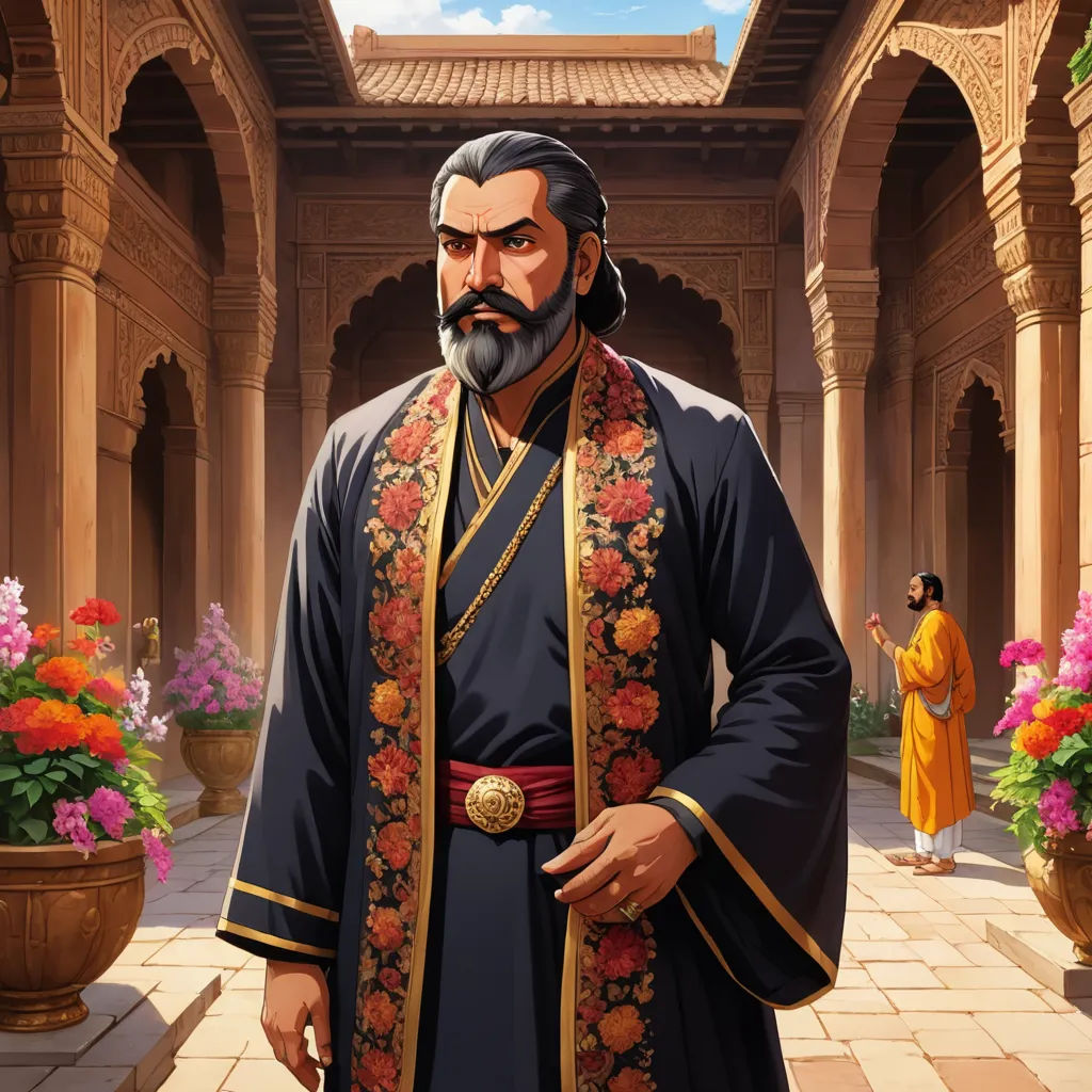 a man in a blue outfit standing in a courtyard with flowers and a potted plant in the background, samikshavad, a character portrait, Bholekar Srihari, official art