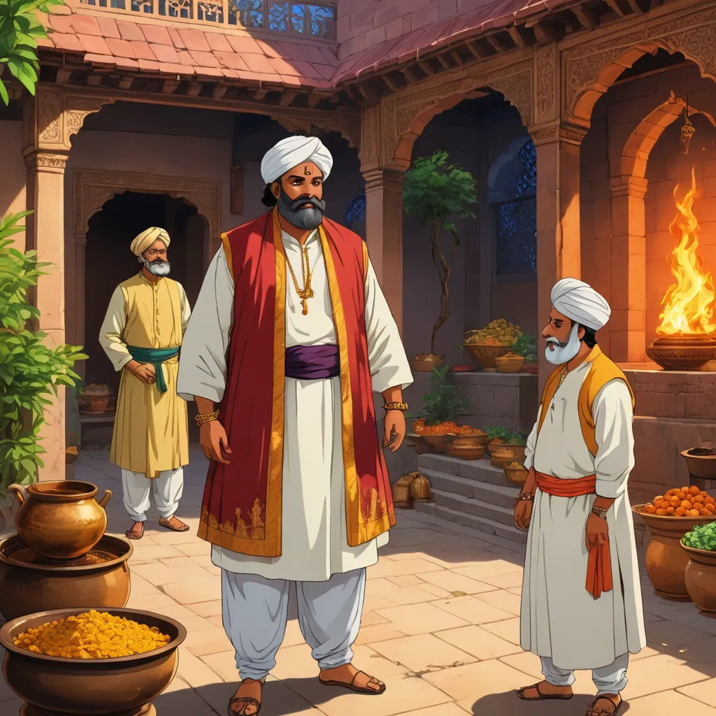 a cartoon of a man standing in front of a fire place with two other men standing around him and a pot of gold, samikshavad, a storybook illustration, Altoon Sultan, orientalism