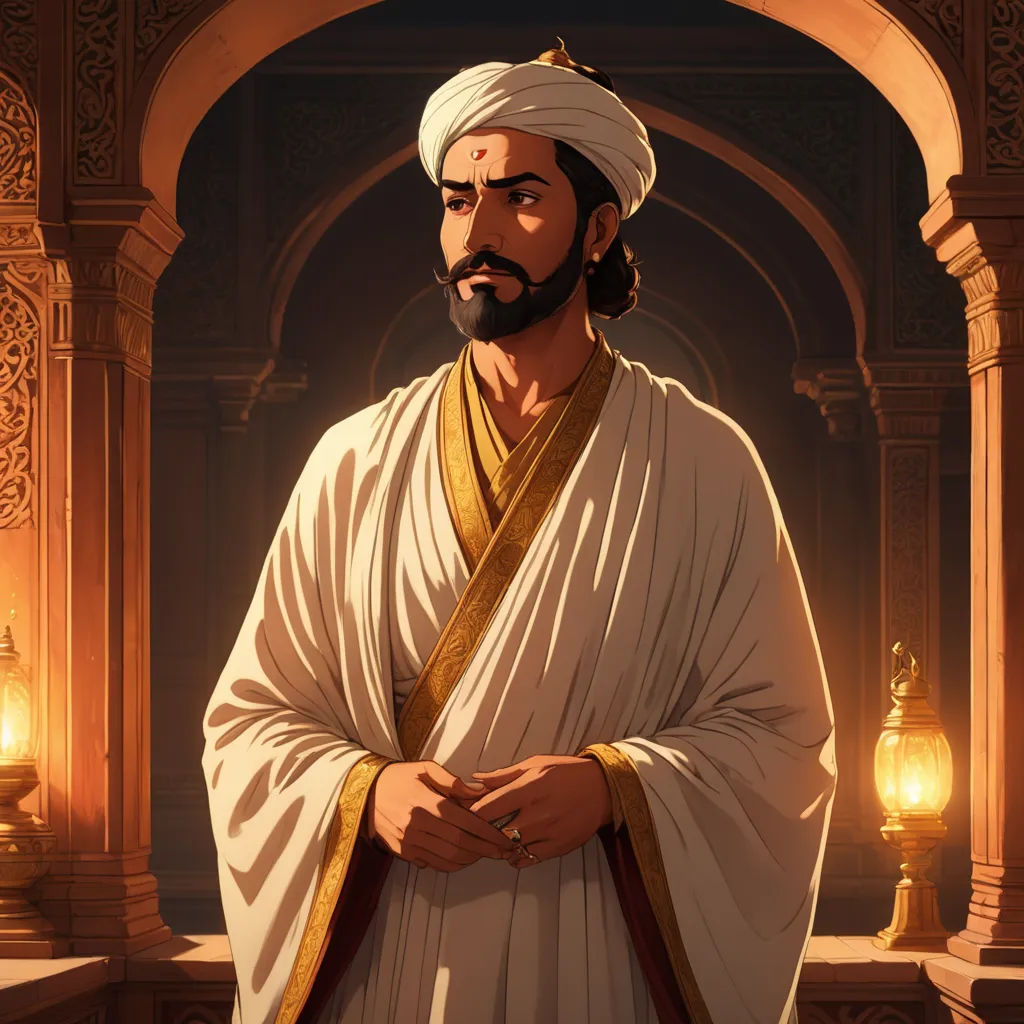 a man in a white outfit standing in a room with a light on it and a lantern in the background, samikshavad, a character portrait, Bholekar Srihari, official art