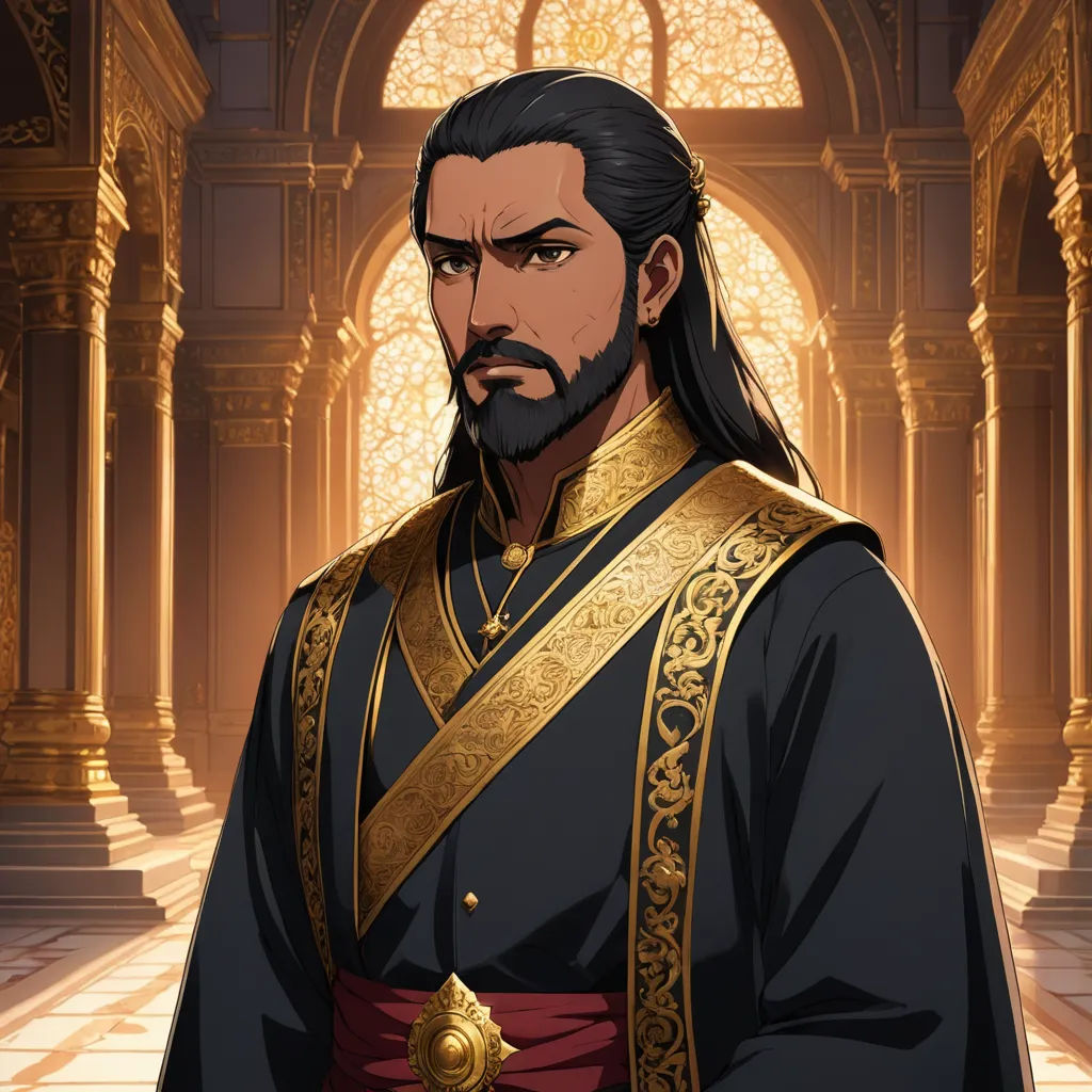 a man in a black and gold outfit with a beard and long hair in a palace setting with arches, dau-al-set, a character portrait, Altoon Sultan, character portrait