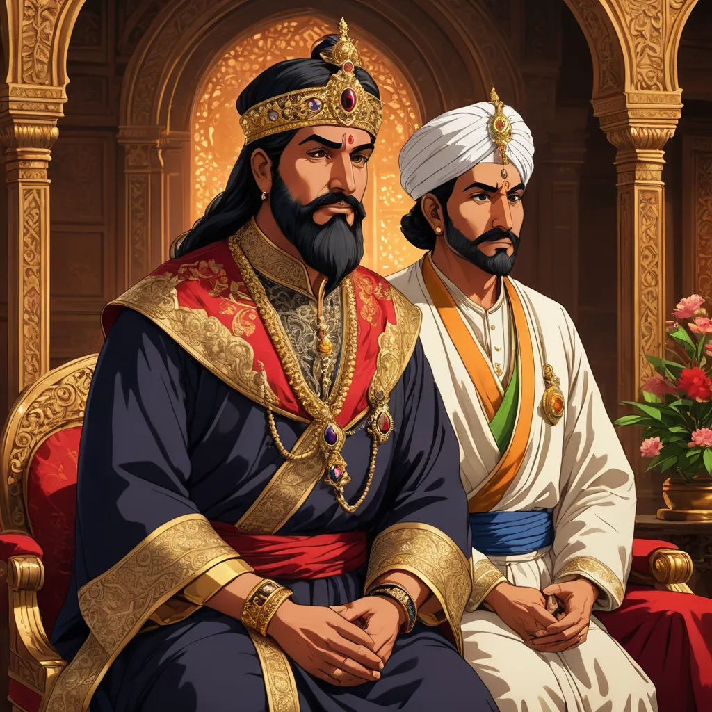 a painting of two men in traditional indian garb sitting on a chair in a palace setting with a vase of flowers, qajar art, a detailed painting, Altoon Sultan, official art