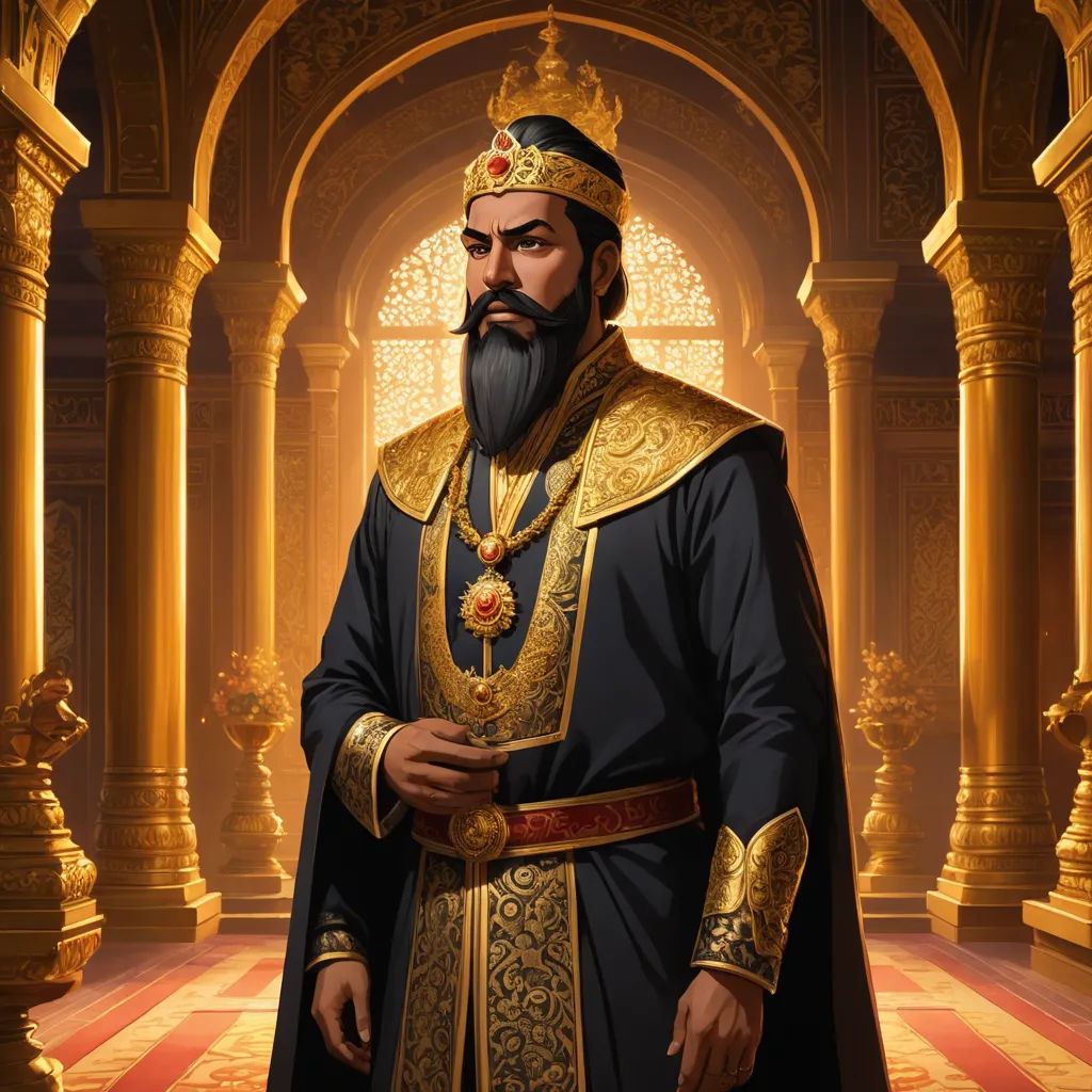 a man in a golden and black outfit standing in a room with columns and arches, with a beard and a gold crown on his head, samikshavad, a character portrait, Emperor Huizong of Song, regal
