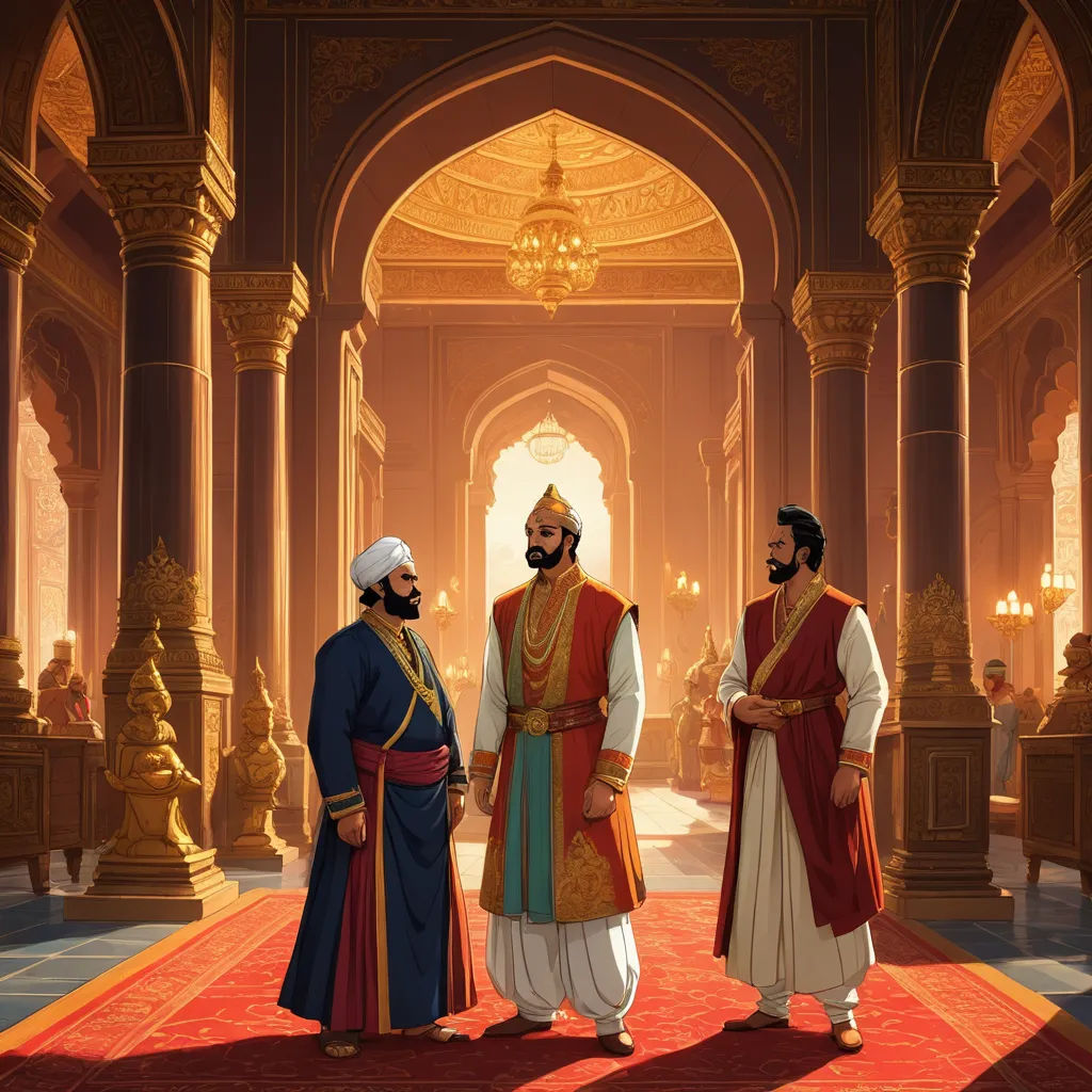 a painting of two men in a palace hallway talking to each other and looking at each other with a large doorway in the background, samikshavad, a storybook illustration, Altoon Sultan, official art