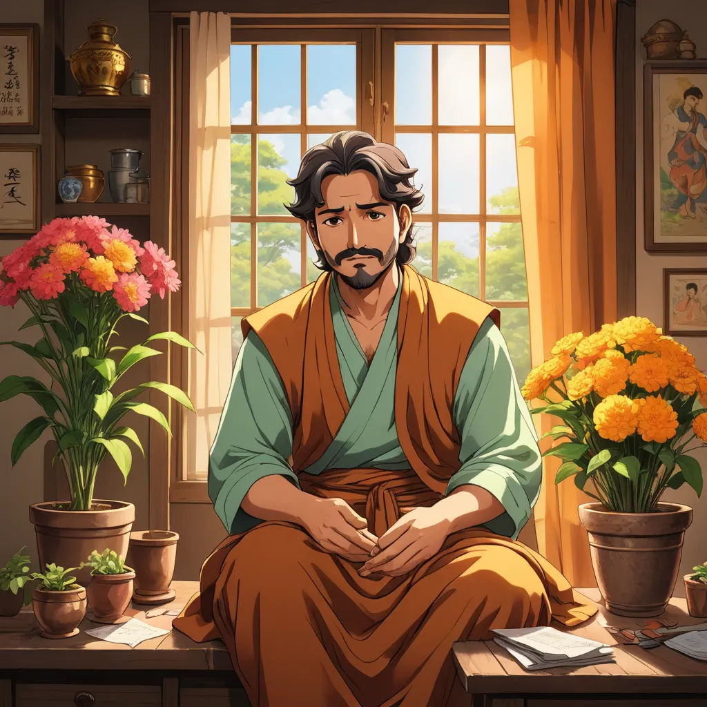 a man sitting on a desk with flowers in front of him and a potted plant behind him with a picture of a man in the window, context art, a character portrait, Emperor Huizong of Song, official art
