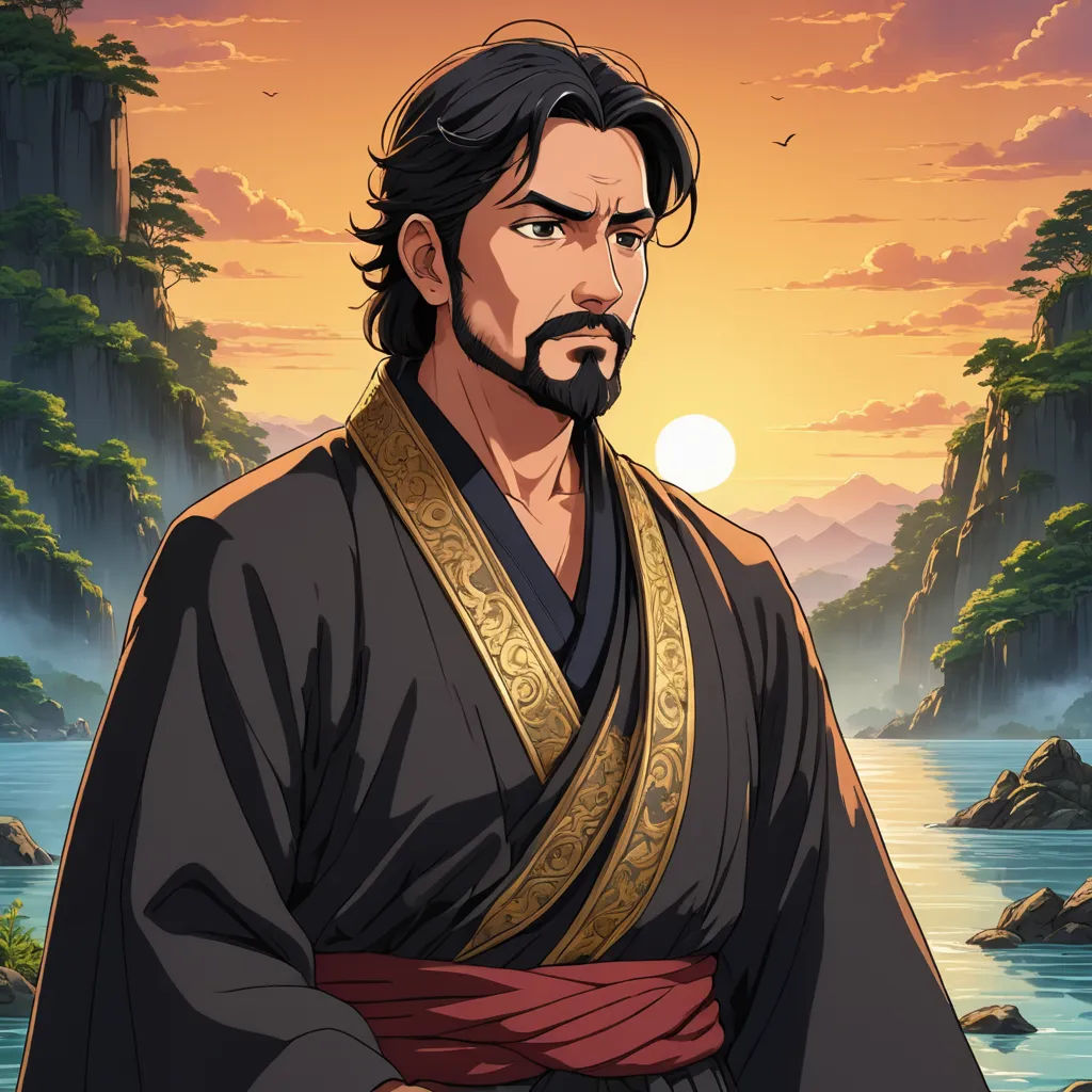a man in a kimono standing in front of a lake with a sunset behind him and a bird flying over his shoulder, dau-al-set, a character portrait, Emperor Huizong of Song, official art