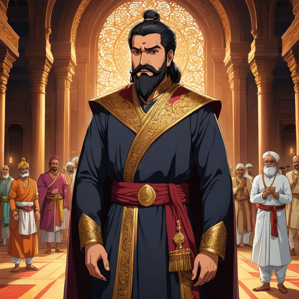 a cartoon of a man in a golden outfit with a beard and a beard standing in front of a group of people, samikshavad, a character portrait, Bholekar Srihari, official art