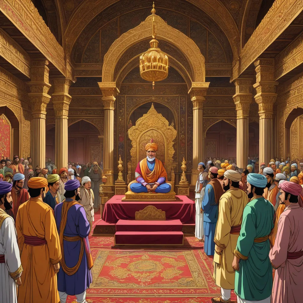a painting of a man sitting on a throne surrounded by other men in robes and turbans in a large room, samikshavad, a storybook illustration, Altoon Sultan, official art