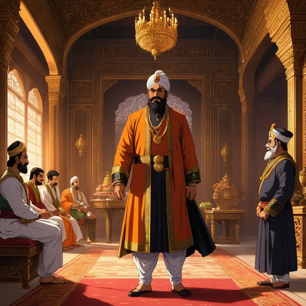 a man in a costume standing in a room with other people sitting around him and a chandelier hanging from the ceiling, samikshavad, a detailed painting, Altoon Sultan, official art