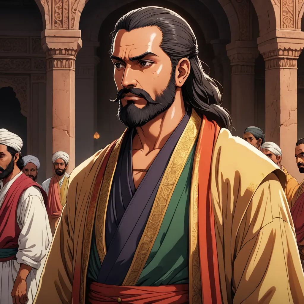 a cartoon of a man with a beard and a beard in a crowd of people in a courtyard with arches, samikshavad, a character portrait, Altoon Sultan, official art