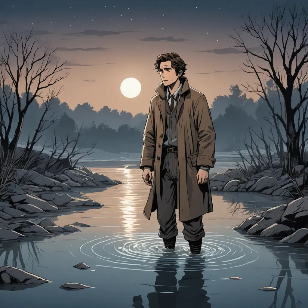a man in a trench coat standing in a river at night with a full moon in the background and trees, serial art, a comic book panel, Dan Mumford, comic cover art