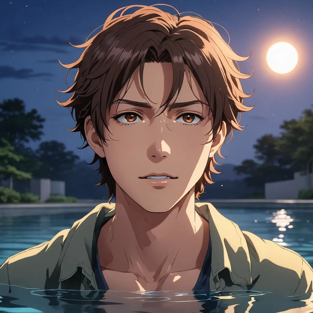 a man in a shirt is in the water at night with a full moon in the background and a tree in the foreground, sots art, a character portrait, Eizan Kikukawa, official art