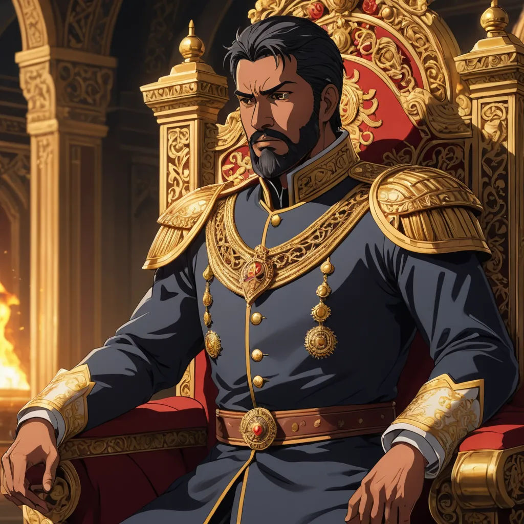 a man in a blue uniform sitting in a chair with a fire in the background and a gold crown on his head, sots art, a character portrait, Altoon Sultan, official art