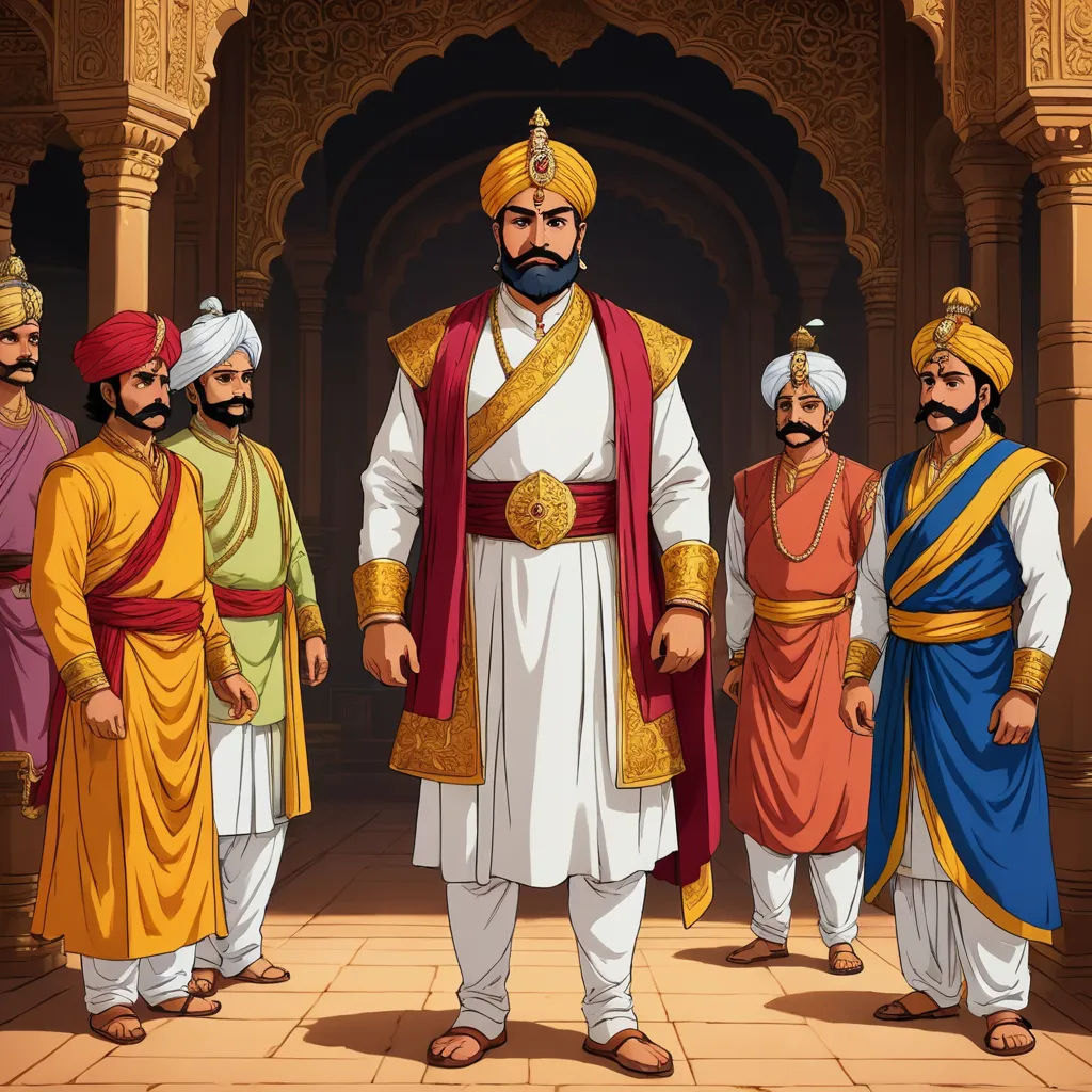 a group of men in indian garb standing in front of a building with arches and pillars, all dressed in traditional indian garb, samikshavad, an illustration of, Bholekar Srihari, official art