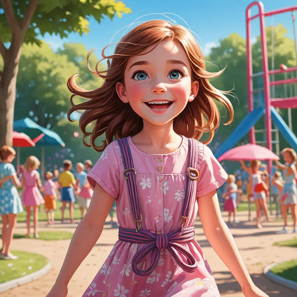 a cartoon girl in a pink dress holding a pink umbrella in a playground area with children playing in the background, photorealism, a storybook illustration, Chris LaBrooy, cgstudio