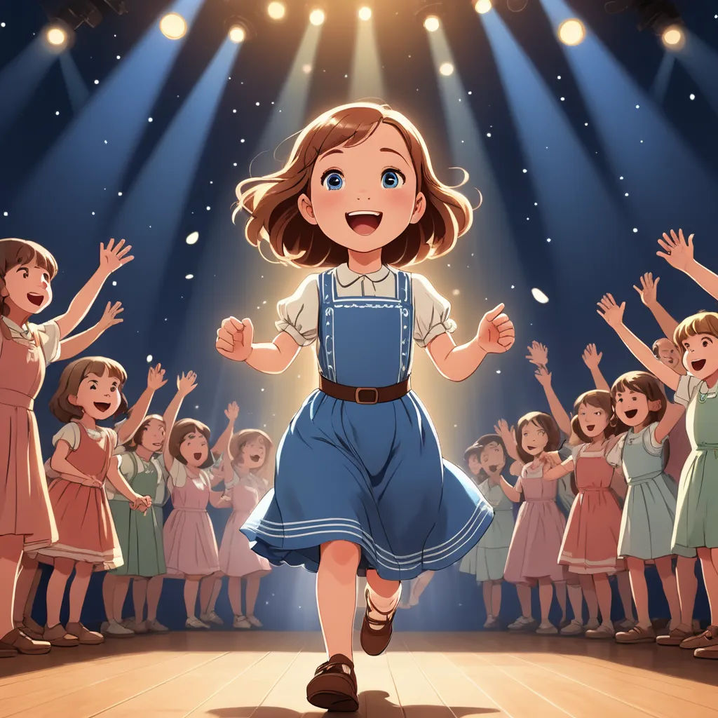 a girl in a blue dress is dancing in front of a crowd of children in a stage with lights, rayonism, an album cover, Anne Said, official art