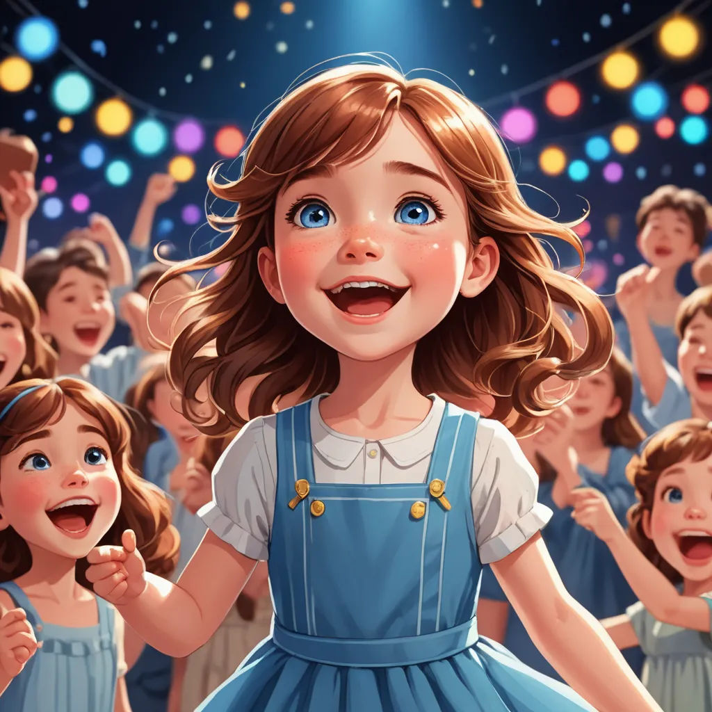 a cartoon girl in a blue dress surrounded by other children in a crowd of people, with a spotlight in the background, kitsch movement, a storybook illustration, Alice Prin, trending on art station