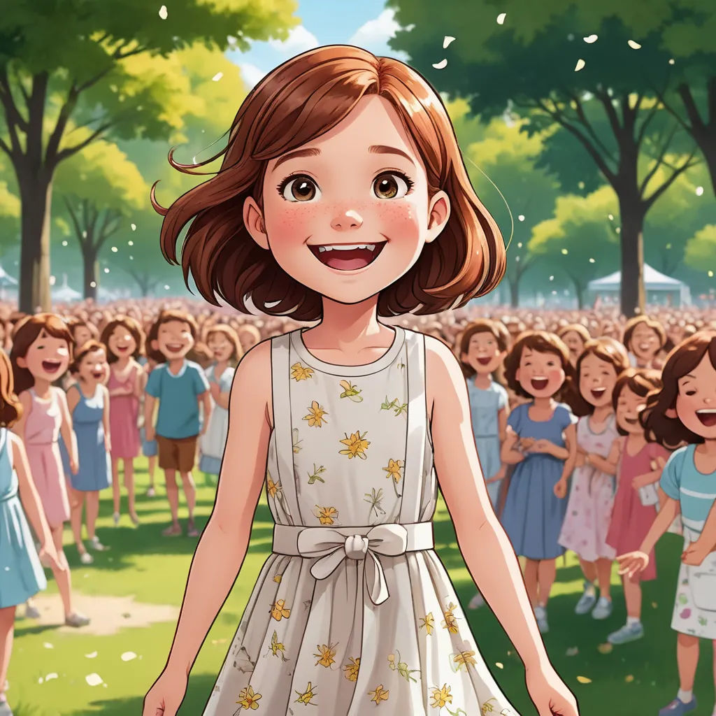 a girl in a dress standing in front of a crowd of children in a park with trees and grass, paris school, a storybook illustration, Anne Said, official art