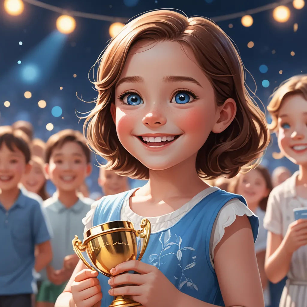 a cartoon girl holding a trophy in front of a crowd of children in a theater or show room with lights, paris school, a storybook illustration, Clarice Beckett, cgstudio