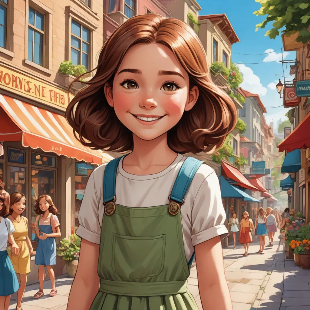 a girl in a green dress is standing in front of a storefront with a crowd of people walking by, photorealism, a storybook illustration, Cliff Childs, trending on art station