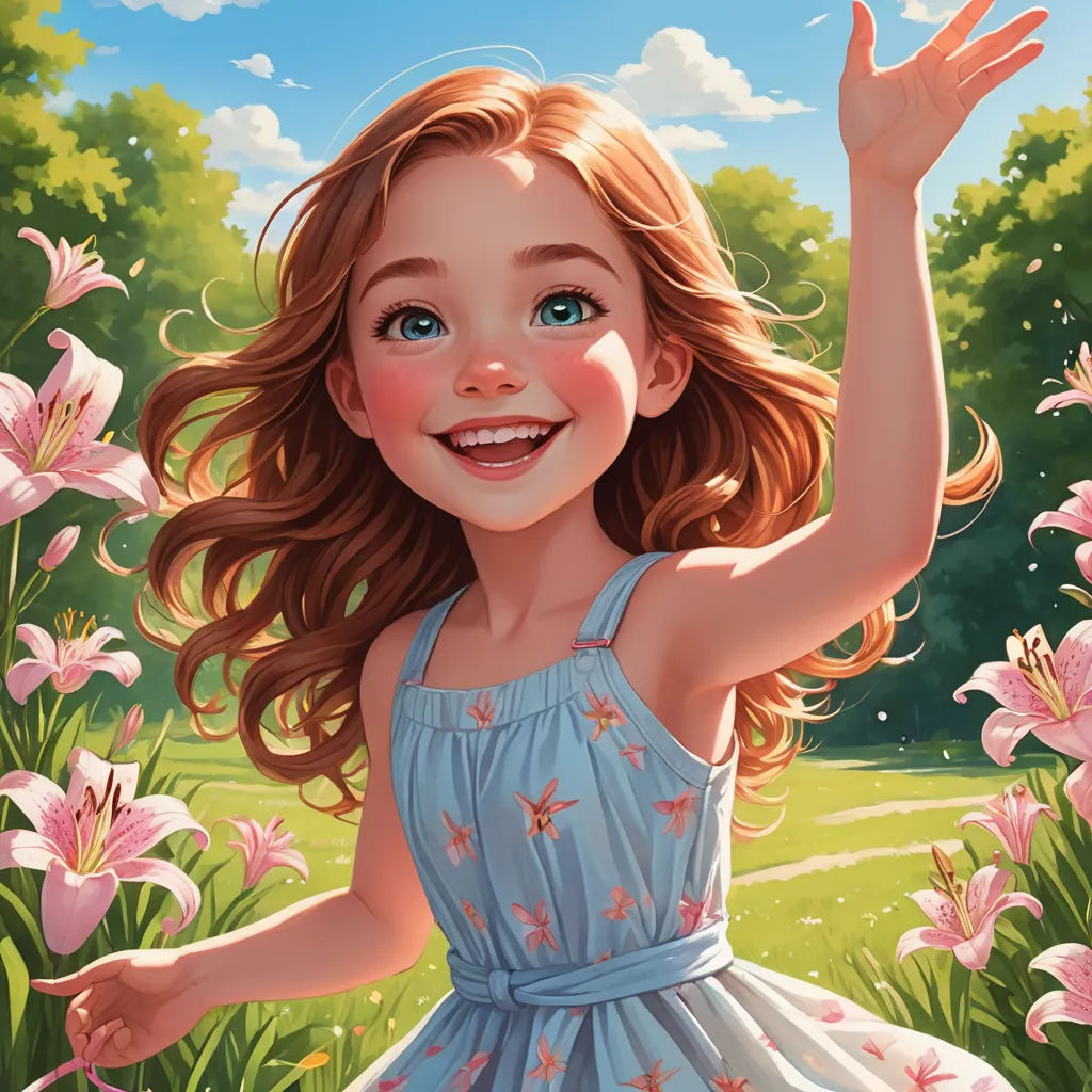 a painting of a little girl in a blue dress in a field of flowers with her arms up in the air, fantasy art, a storybook illustration, Alejandro Burdisio, trending on art station