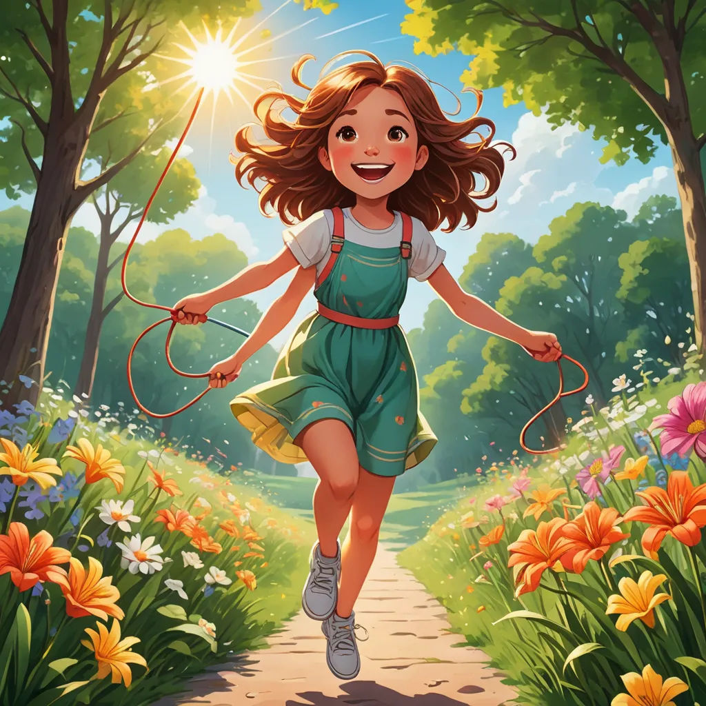 a girl is running through a flower garden with a skipping rope in her hand and a smile on her face, lyco art, a storybook illustration, Diego Gisbert Llorens, rossdraws global illumination