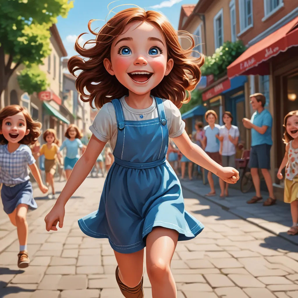 a cartoon girl running down a street with other children in the background and a woman in a blue dress, american scene painting, a storybook illustration, Bob Byerley, official art