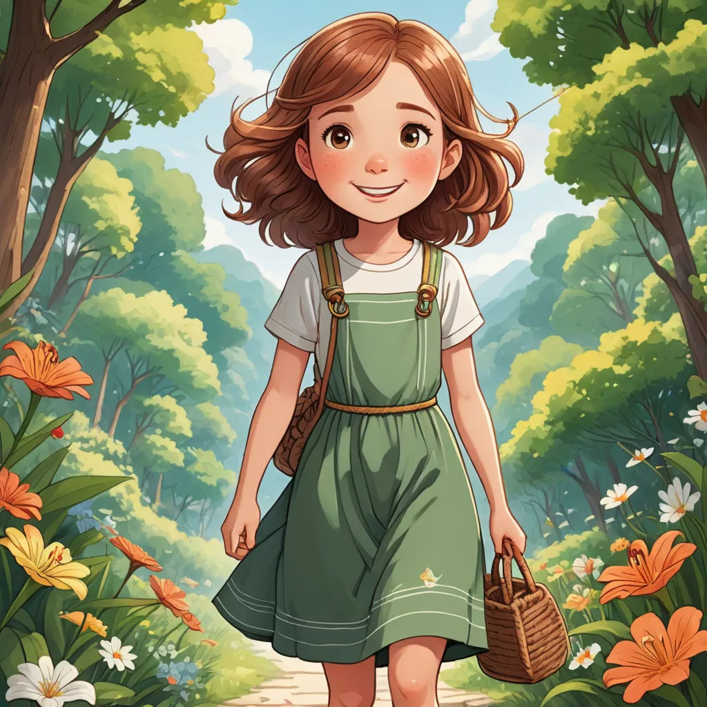 a girl in a green dress is walking through the woods with a basket in her hand and a basket in her hand, fantasy art, a storybook illustration, Alice Prin, storybook illustration
