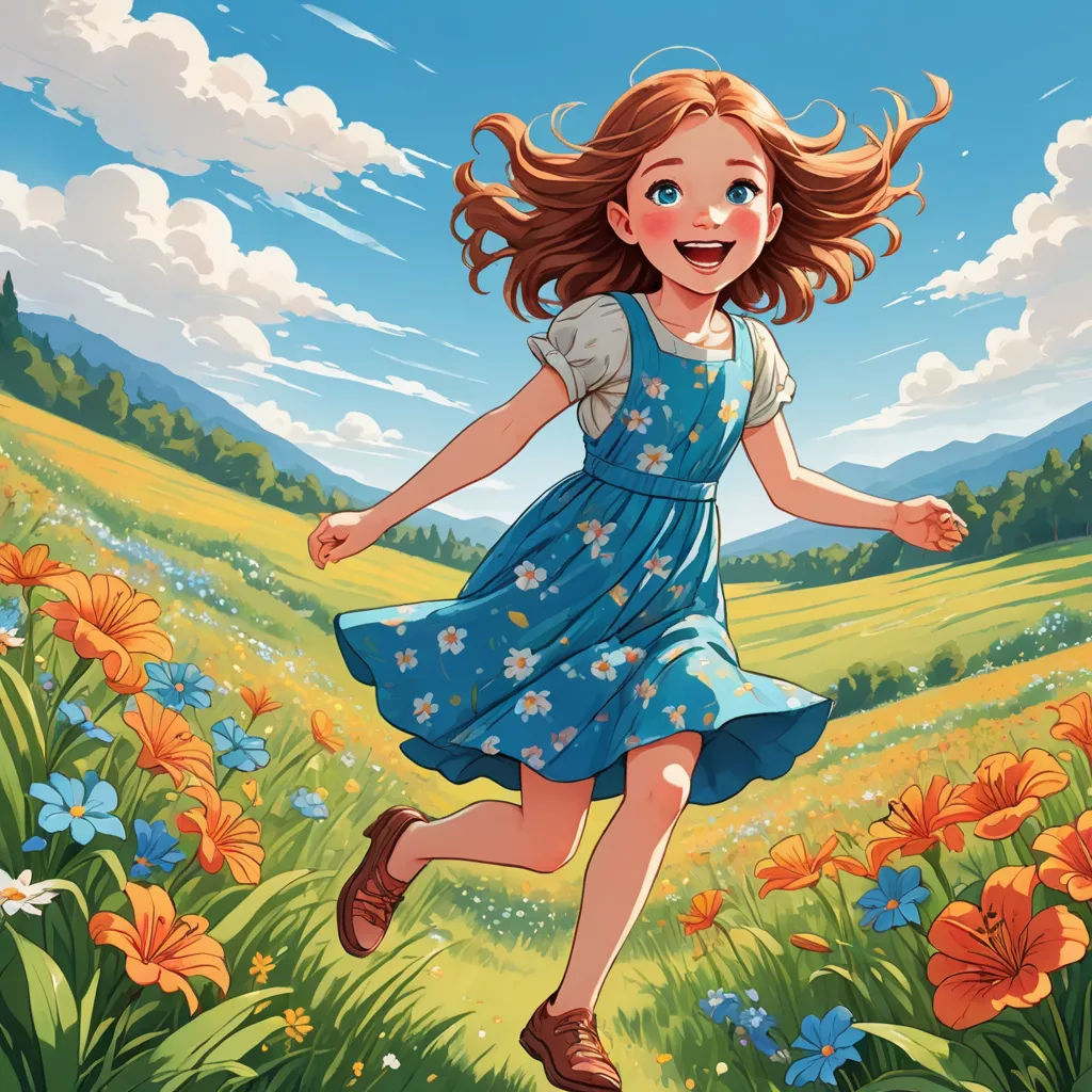 a girl running through a field of flowers with a blue sky in the background and clouds in the sky, altermodern, a storybook illustration, Alice Prin, official art