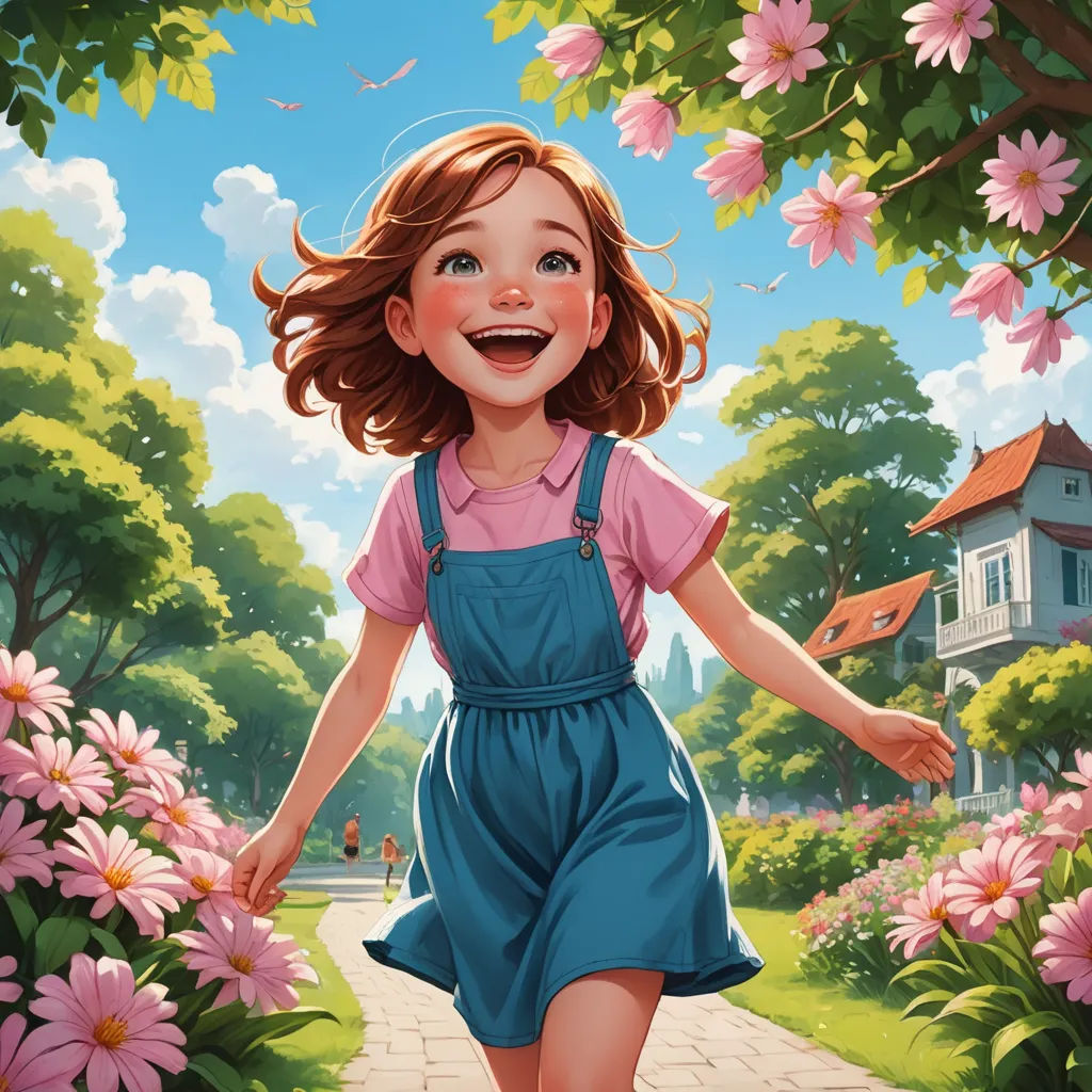 a girl in a blue dress is walking through a garden with pink flowers and a house in the background, american scene painting, a storybook illustration, Aaron Jasinski, kinkade