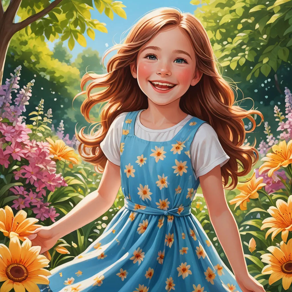 a painting of a girl in a blue dress holding a flower in a field of flowers with a tree in the background, american scene painting, a storybook illustration, Alice Prin, trending on art station