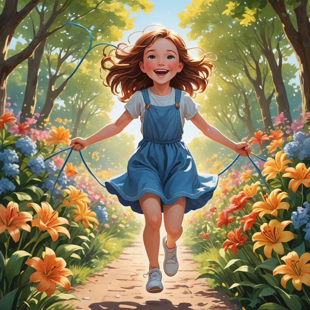 a painting of a girl running through a flower garden with a skipping rope in her hands and a smile on her face, magical realism, a storybook illustration, Cliff Childs, trending on art station